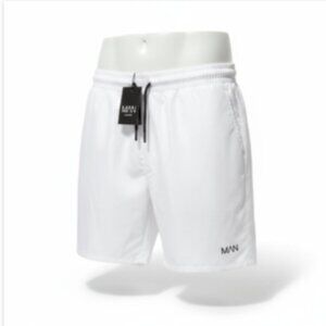 BoohooMAN Mens L White Swim Trunks 5 Inseam Mesh Lined Drawstring NWT